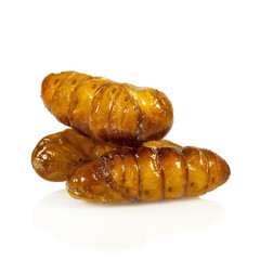 Silkworm pupae fries on white background