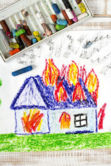colorful drawing: burning house