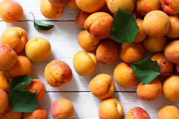 Whole orange apricots with red blush and leaves. Background from
