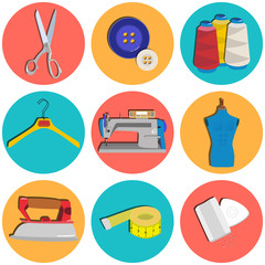 Vector illustration of sewing equipment flat icons for tailor.