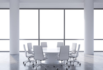 Panoramic conference room in modern office, copy space view from the windows. White chairs and a white round table. 3D rendering.