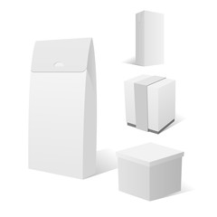 Realistic Set of four empty white Cardboard Box Packages