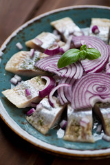 Herring fillet with red onion, selective focus, close-up