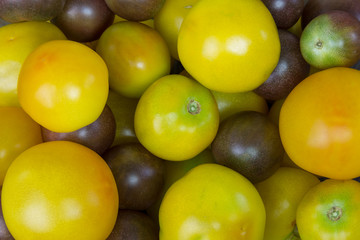 Yellow and brown tomatoes closeup texture background