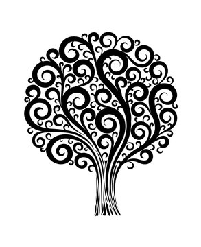 black tree in a flower design with swirls and flourishes on a white background