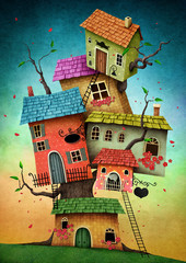 Illustration with unreal tree house for  card  