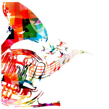 Colorful french horn with hummingbirds