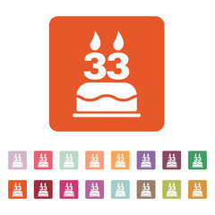 The birthday cake with candles in the form of number 33 icon. Birthday symbol. Flat