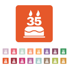 The birthday cake with candles in the form of number 35 icon. Birthday symbol. Flat