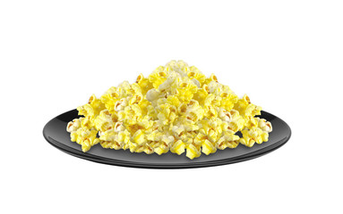 Popcorn on black plate isolated on white background