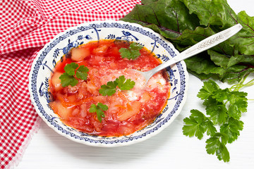 Borscht with sour cream and herbs