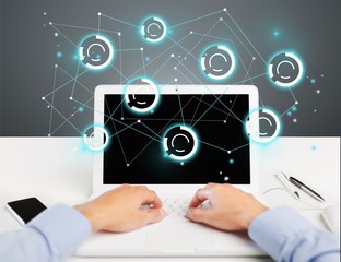 Network, laptop, hand.