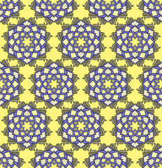 Beautiful vector Print Seamless Pattern. Blue Mandala Flowers with Yellow background.