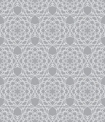 Beautiful vector Print Seamless Pattern.White  Mandala Flowers with grey background.