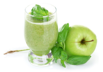 Fototapeta na wymiar Glass of green healthy juice with basil and apple isolated on white