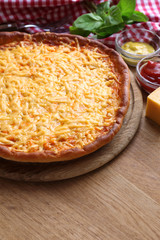 Tasty cheese pizza on table close up