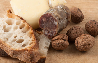 snack with salami, cheese and bread