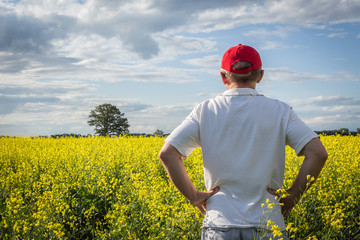 horizontal close up image of a man standing with his back to camera looking over his yellow canola field under a cloudy blue sky in the summer time.