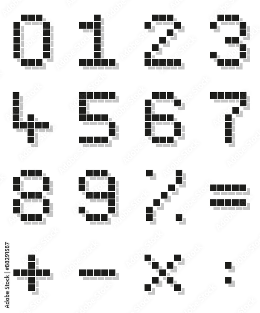Fototapete collection of pixel numbers and mathematical signs with shadow