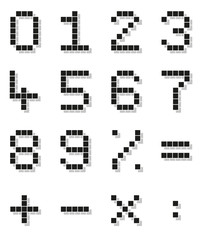 Collection of pixel numbers and mathematical signs with shadow