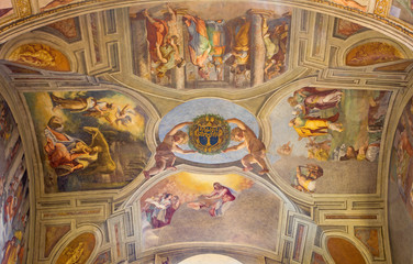 Fototapeta na wymiar Rome - The ceiling fresco with motives from life of Virgin Mary