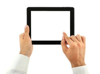 Obraz na płótnie Canvas Male hands holding tablet isolated on white
