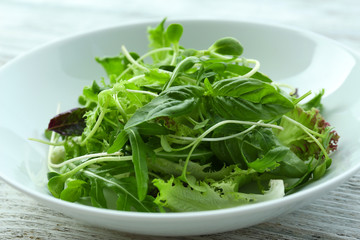 Fresh mixed green salad in bowl close up