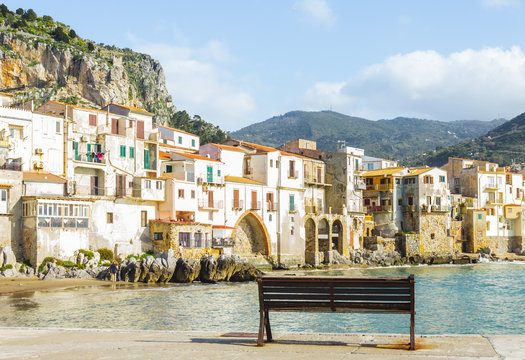 View of beach town Cefalu in Sicily, Italy
