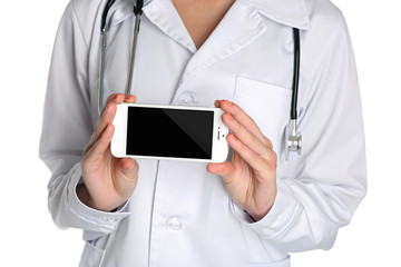Doctor with stethoscope and smart phone, isolated on white
