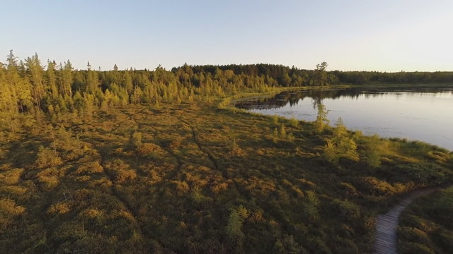 Aerial video of a flight over a northern bog, with a board walk nature trail, next to a lake.