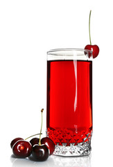 Glass of cherry juice isolated on white
