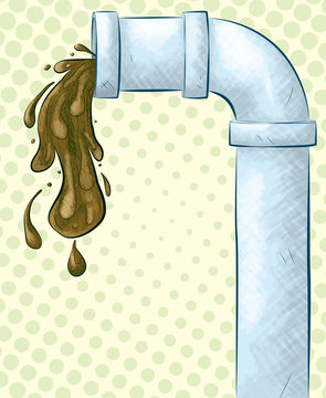 A vector illustration of a gray pipe with greenish-brown sludge pouring out of the end on a green and yellow halftone background.