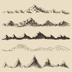 Mountains set contours Engraving Vector Hand Draw