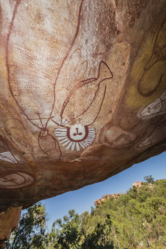 Aboriginal Wandjina cave artwork in sandstone caves at Raft Point, Kimberley, Western Australia