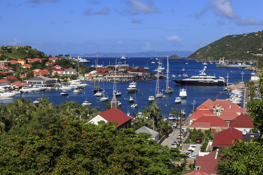 Elevated view of Fort Oscar, Anglican church and yachts in harbour, Gustavia, St. Barthelemy (St. Barts) (St. Barth)