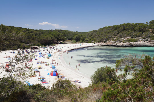Beach and bay of Cala S' Amarador, Cala Mondrago, near Porto Pedro,  Majorca (Mallorca), Balearic Islands (Islas Baleares), Spain, Mediterranean