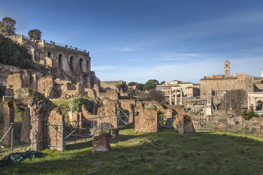 Ruins on roman forum with Palatin and Capitol in background, Rome, Italy