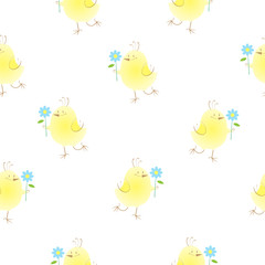 Seamless pattern with cute cartoon chickens and flowers on a white background.