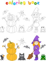 Pretty friendly witch with a broomstick, pumpkin snowman, surpri