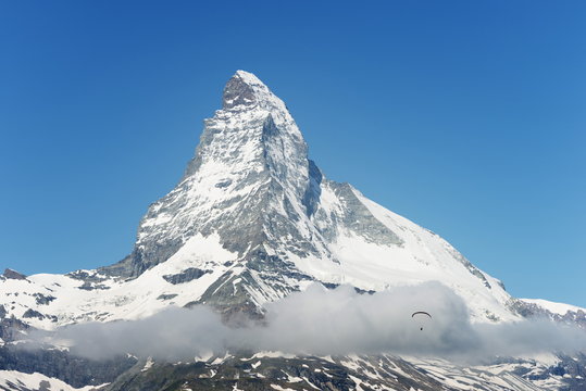 Paraglider flying near the Matterhorn, 4478m, Zermatt, Valais, Swiss Alps