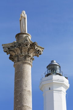 Statue and lighthouse at Santa Maria di Leuca, Leuca, Puglia