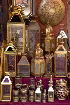 Brass and copper lanterns for sale in the street of the Medina,  Marrakech, Morocco