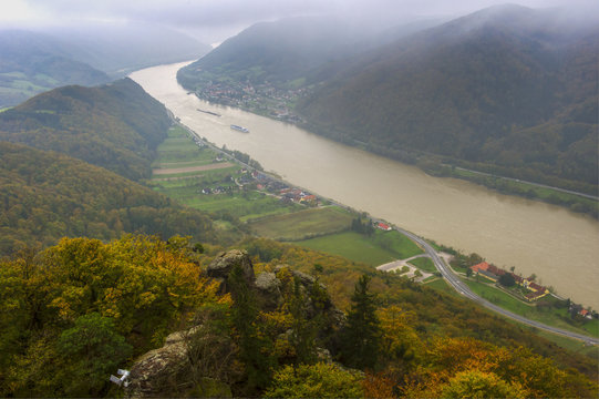 View from castle Aggstein down on the Danube River in fall, Wachau Cultural Landscape UNESCO World Heritage Site, Austria