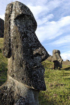 Moai in the Rano Raraku volcanic crater formed of consolidated ash (tuf), Easter Island, Chile