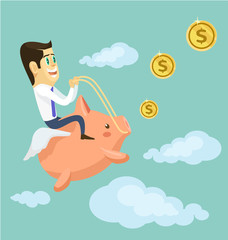 Businessman riding piggy bank. Vector flat cartoon illustration