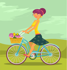 Girl is riding bike. Vector flat cartoon illustration