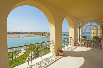 Fototapeta na wymiar Balcony of a luxury villa with sea view