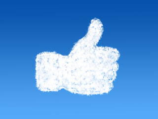 Thumb up and like concept symbol in clouds on blue sky