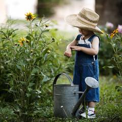 little boy with watering can in summer park