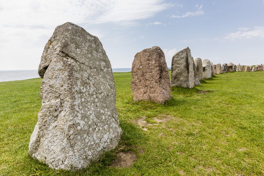 The standing stones in a shape of a ship known as Als Stene (Aleos Stones) (Ale's Stones), Baltic Sea, southern Sweden